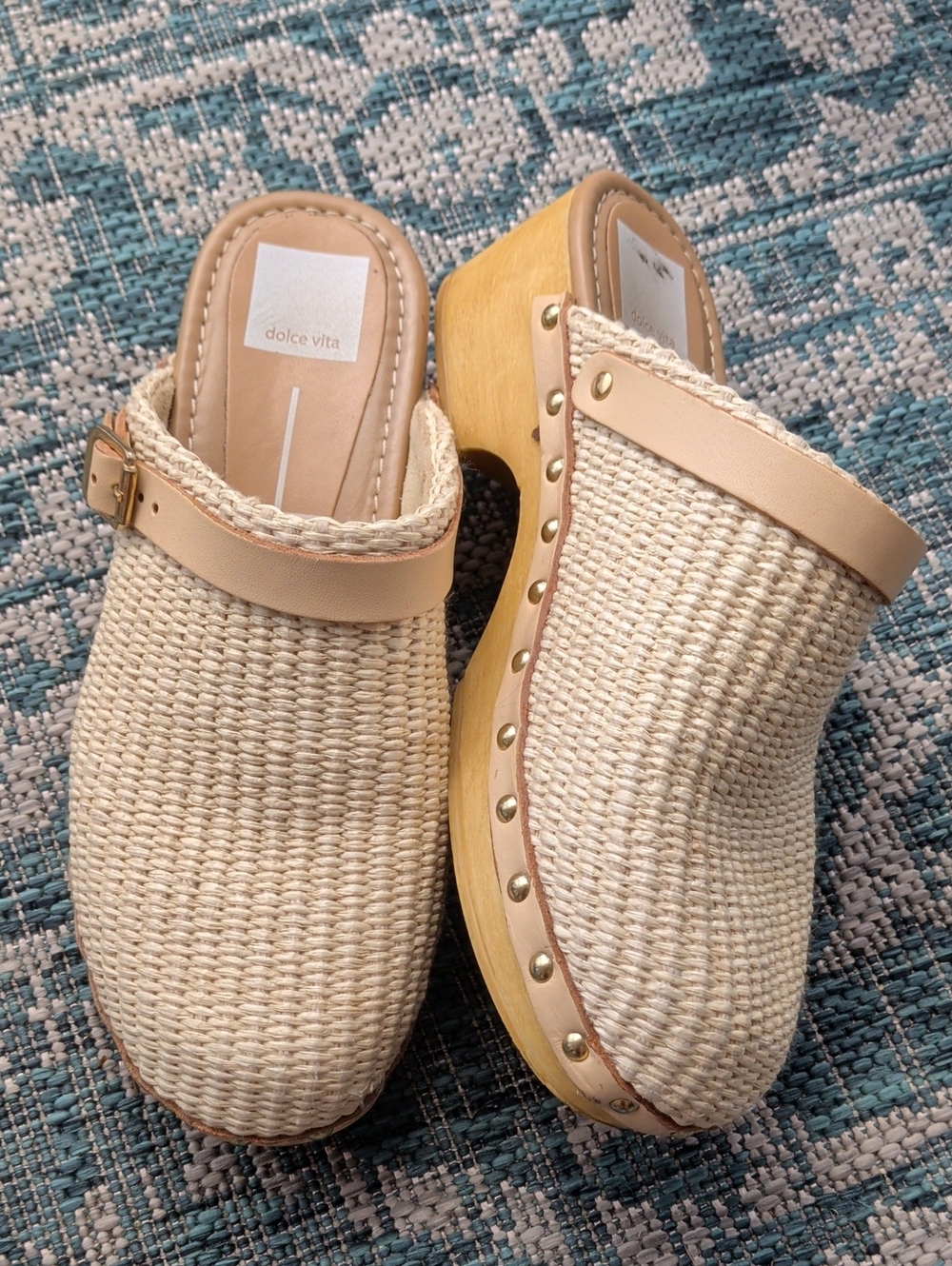 Dolce Vita Natural Woven Clog Mules with Gold Studs